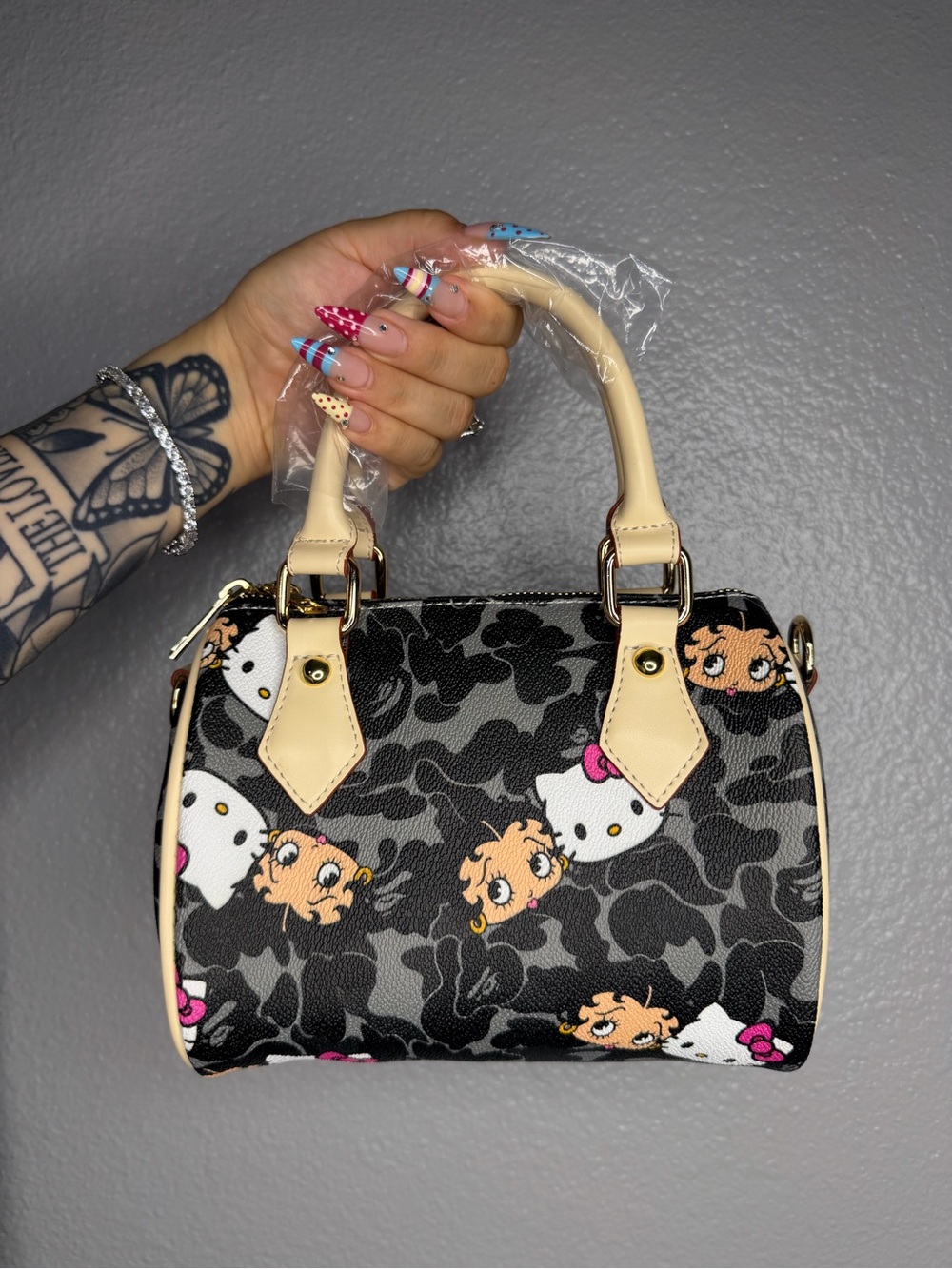 Betty Boop x Hello Kitty grey camo bape bag